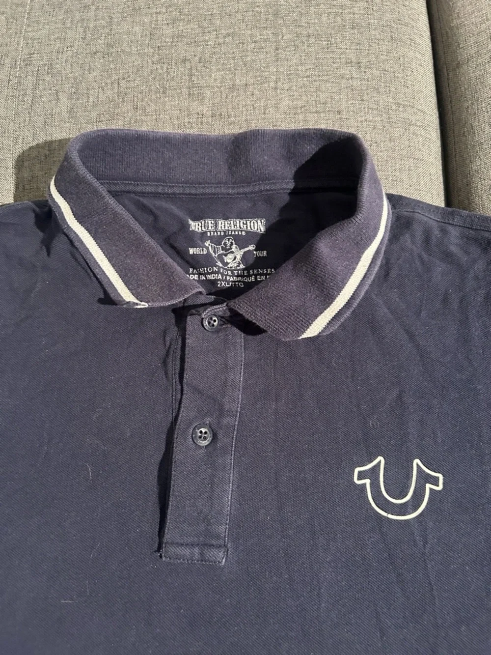 True Religion Men’s Navy Polo with White Trim Back Graphics Size 2XL